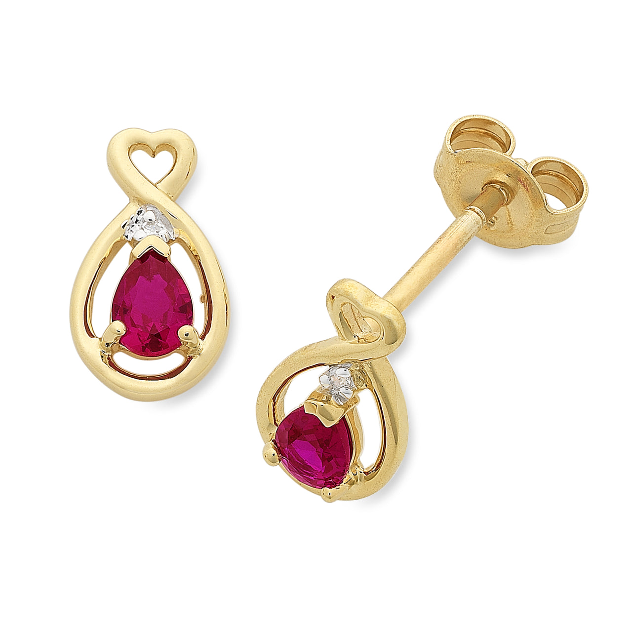 9ct Yellow Gold Created Ruby & Diamond Heart Twist Stud Earrings