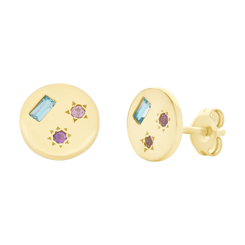 9ct Yellow Gold Multi-Coloured Disc Stud Earrings