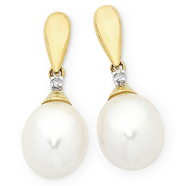 9ct Yellow Gold Freshwater Pearl & Diamond Drop Stud Earrings