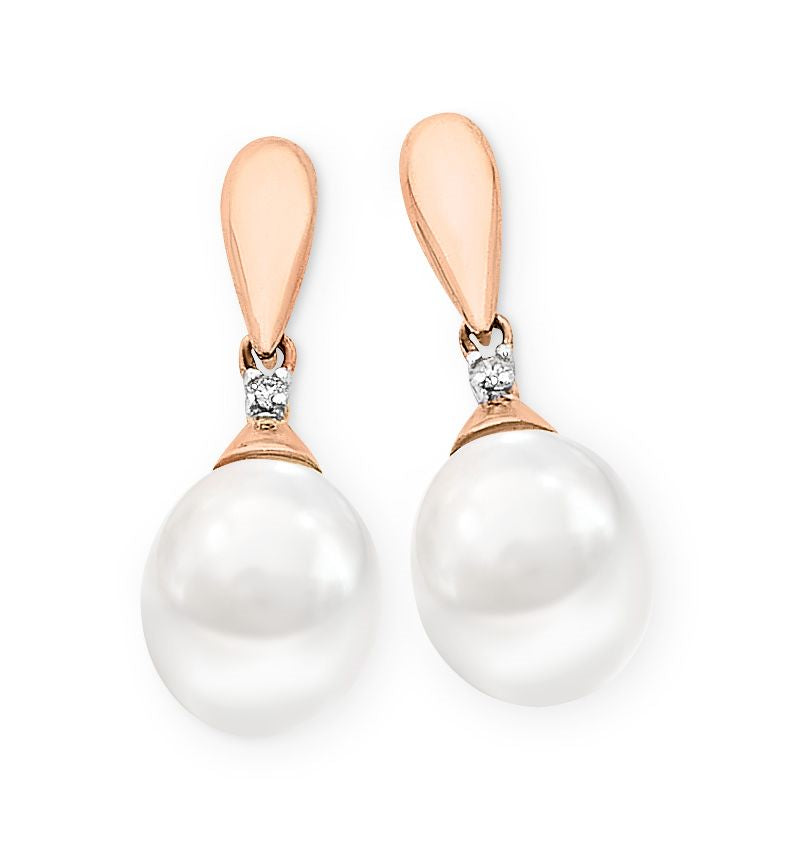 9ct Rose Gold Freshwater Pearl & Diamond Drop Stud Earrings
