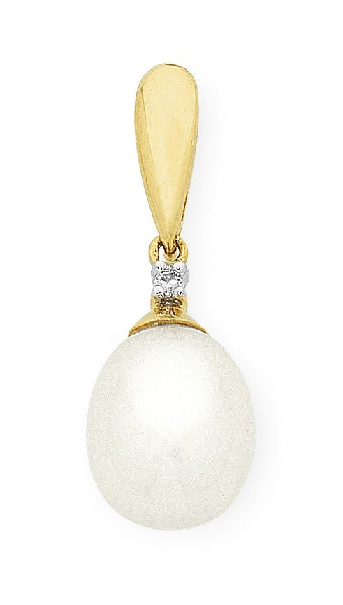 9ct Yellow Gold Freshwater Pearl & Diamond Pendant