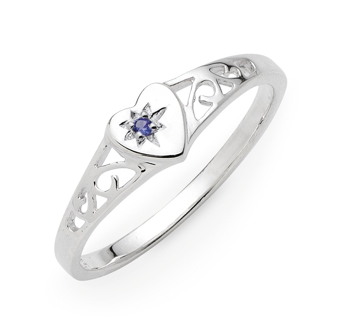 Sterling Silver Created Sapphire Heart Filigree Signet Ring