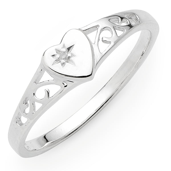 Sterling Silver Diamond Heart Filigree Signet Ring