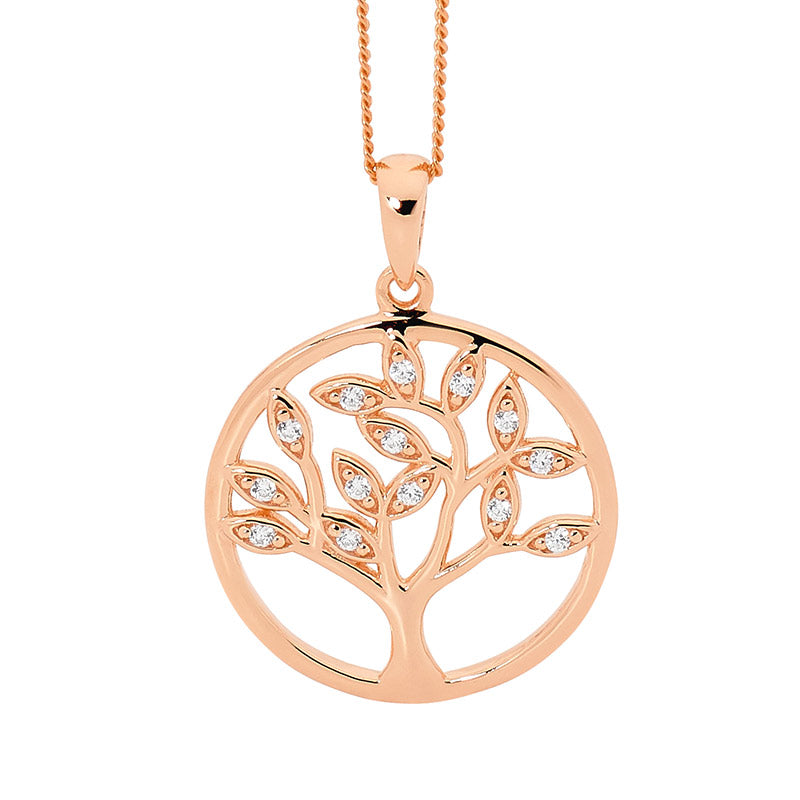 Ellani Sterling Silver Rose Gold Plated White Cubic Zirconia Tree Of Life Pendant