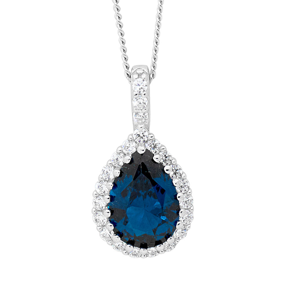 Ellani Sterling Silver Blue Cubic Zirconia Pear Shaped Necklace