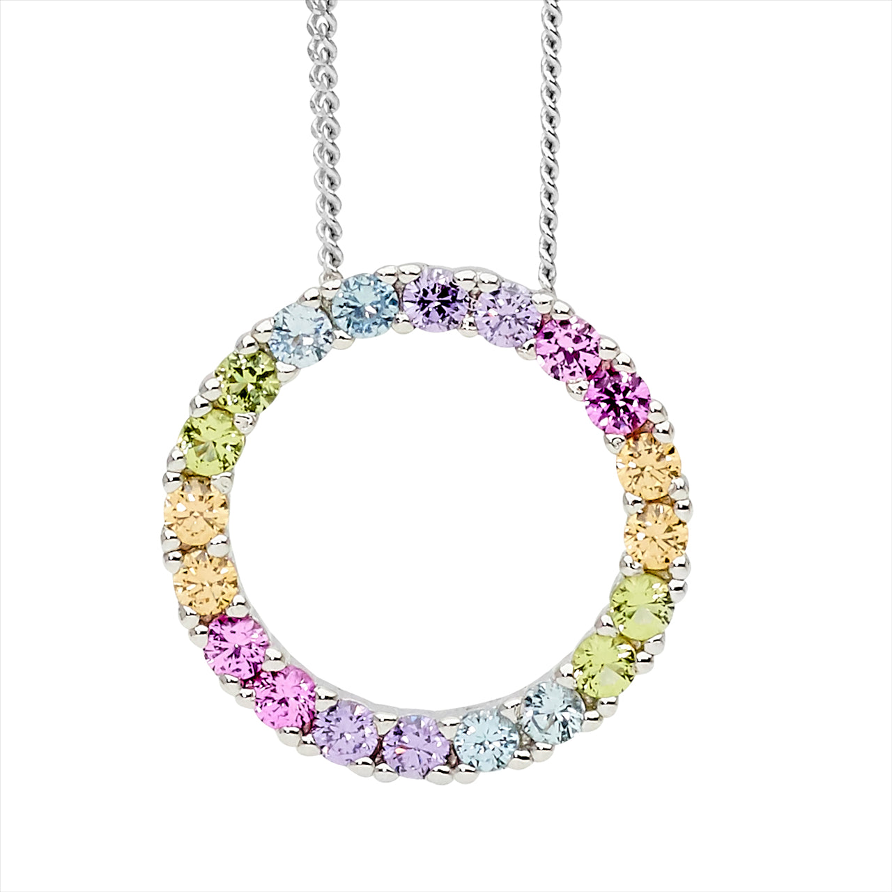 Ellani Sterling Silver Rainbow Cubic Zirconia Circle Shaped Necklace
