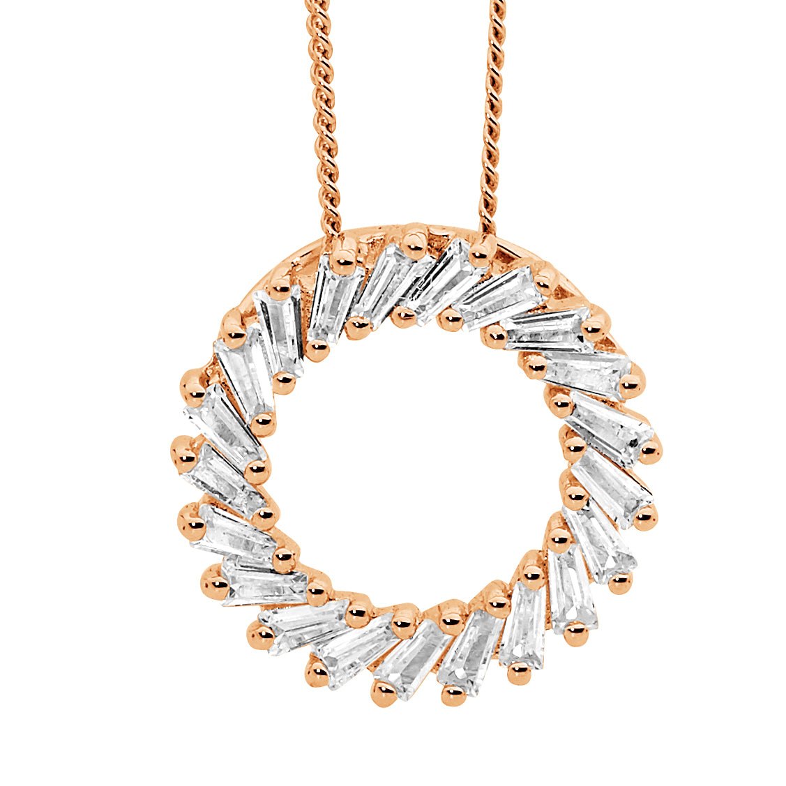 Ellani Sterling Silver Rose Gold Plated Tapered Baguette White Cubic Zirconia Circle Shaped Necklace
