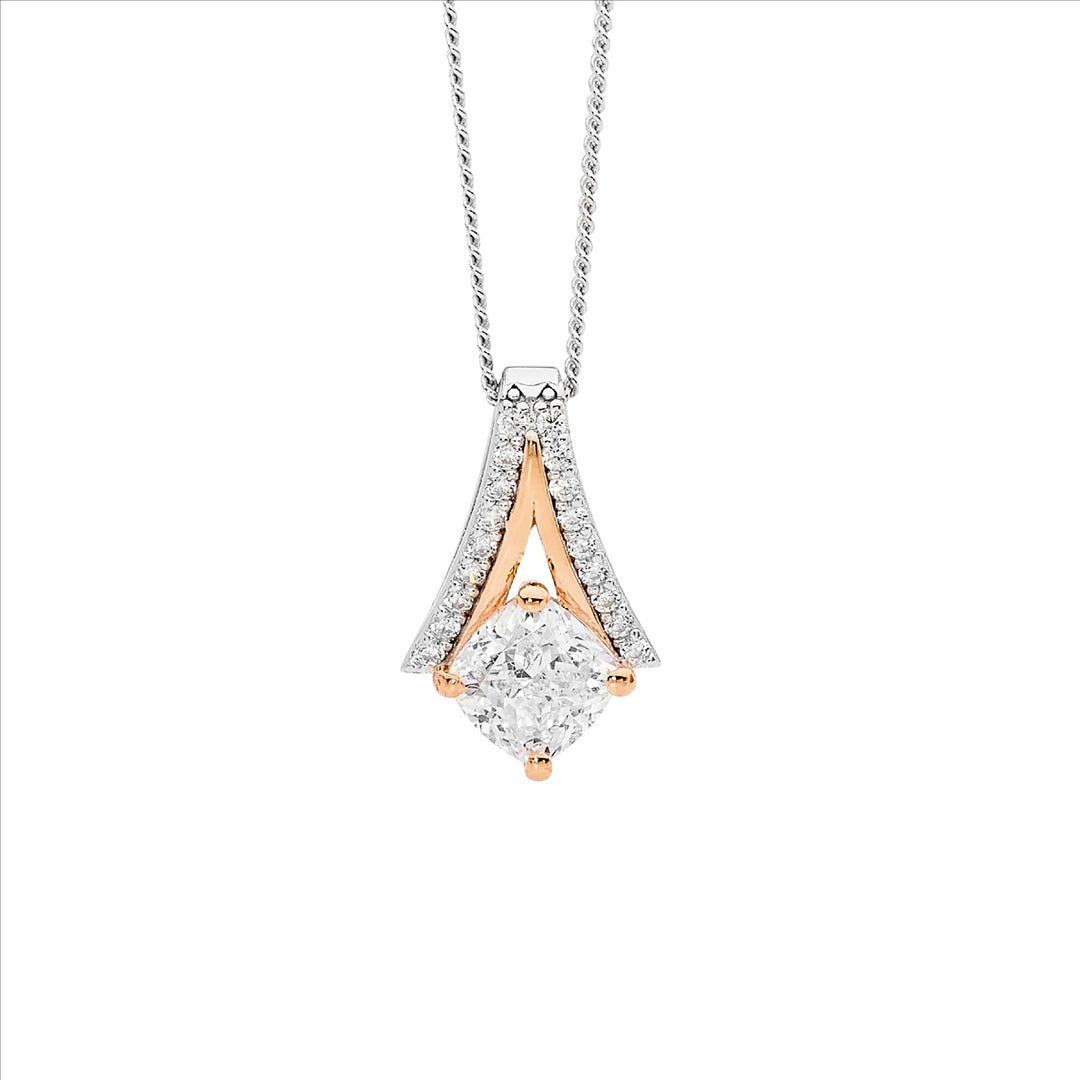 Sterling Silver Rose Gold Plated Cubic Zirconia "V" Necklace