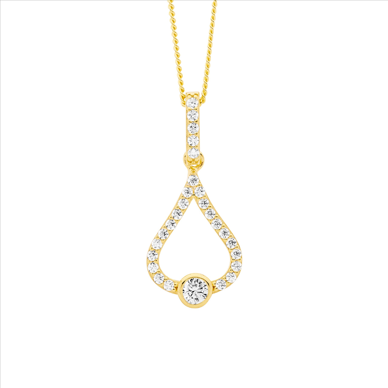 Ellani Sterling Silver Yellow Gold Plated White Cubic Zirconia Tear Drop Shaped Necklace