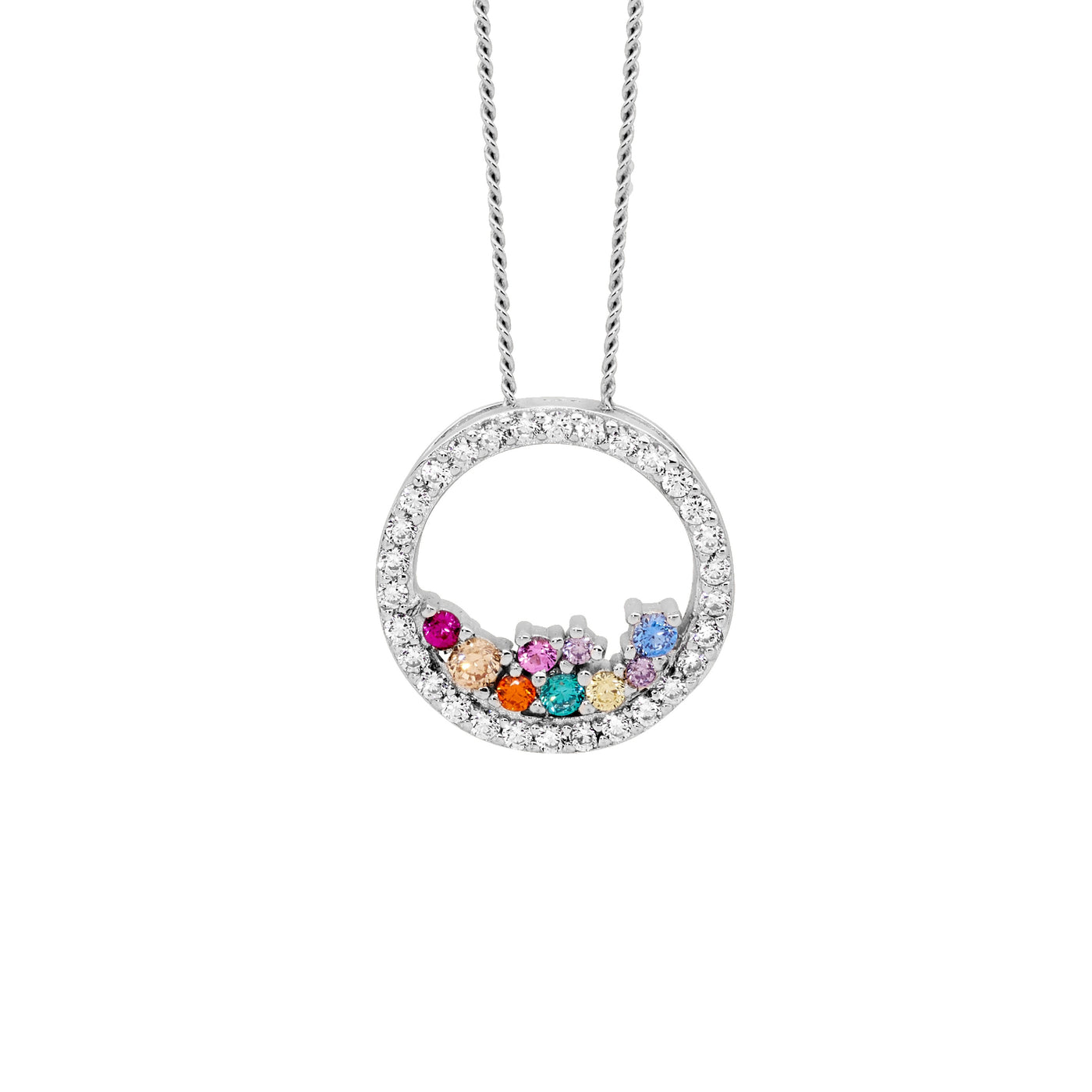 Ellani Sterling Silver Multi Coloured Cubic Zirconia Circle Shaped Necklace