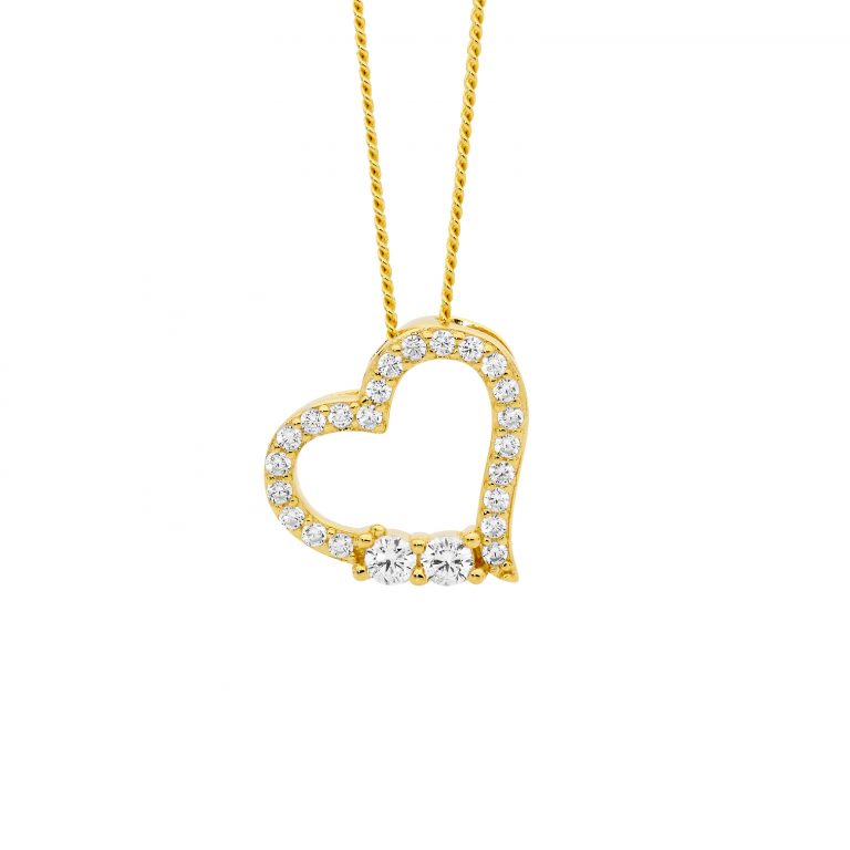 Ellani Sterling Silver Yellow Gold Plated White Cubic Zirconia Heart Necklace