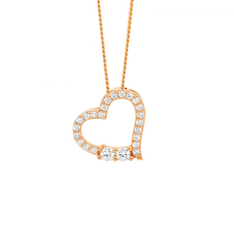 Ellani Sterling Silver Rose Gold Plated White Cubic Zirconia Heart Necklace