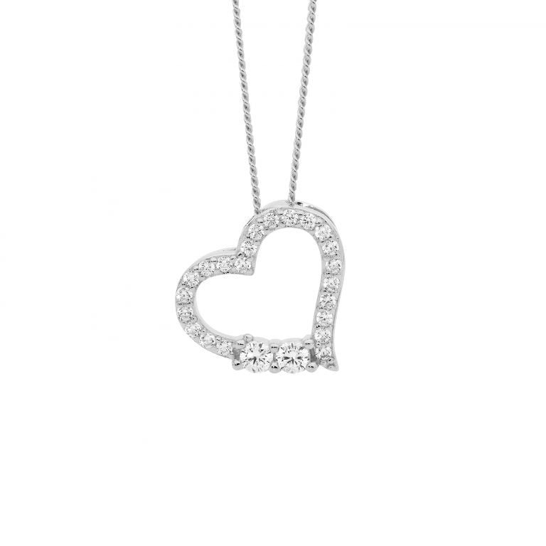 Ellani Sterling Silver White Cubic Zirconia Heart Necklace