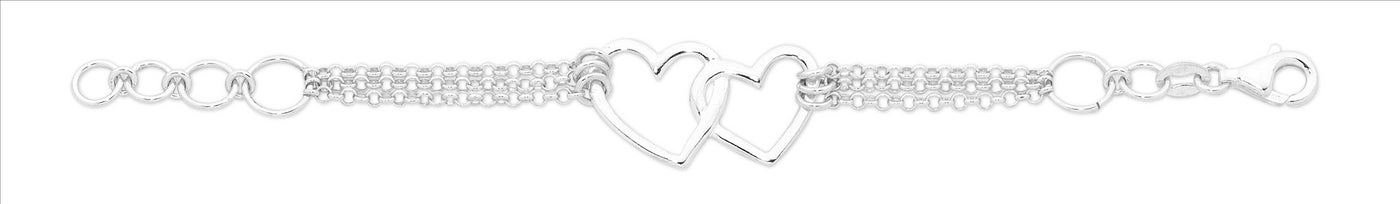 Sterling Silver Double Heart Triple Row Bracelet