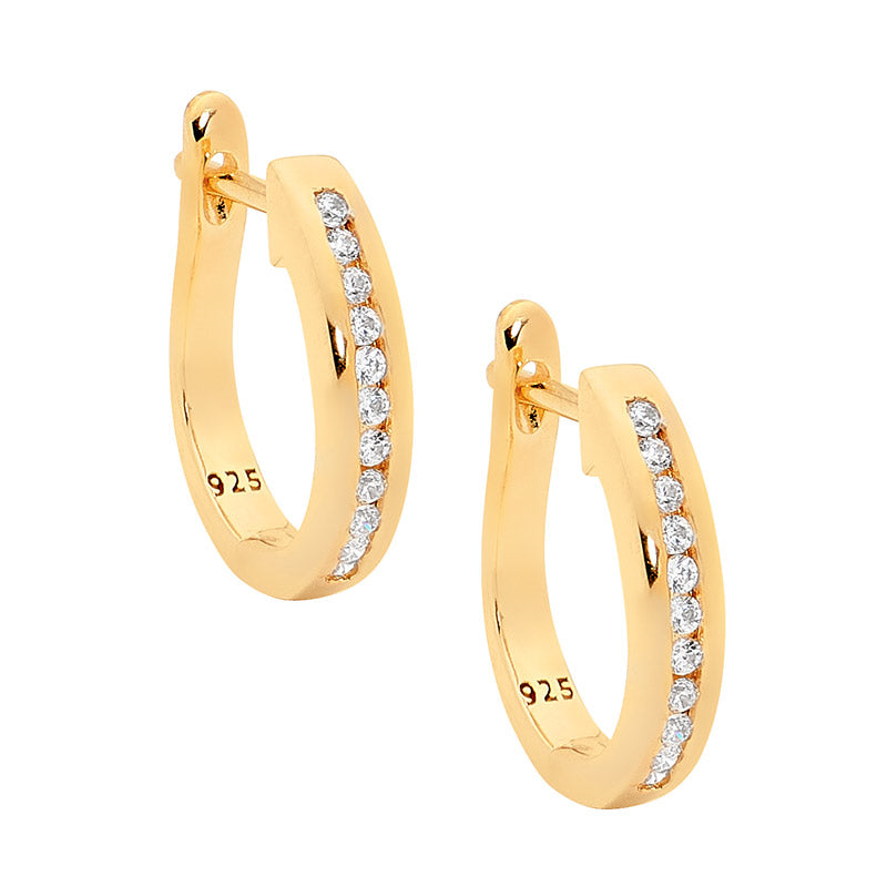 Sterling Silver Yellow Gold Plated Cubic Zirconia Huggie Earrings