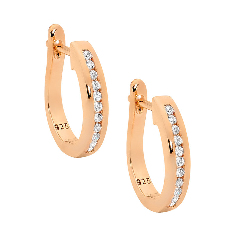 Ellani Sterling Silver Rose Gold Plated White Cubic Zirconia Huggie Earring