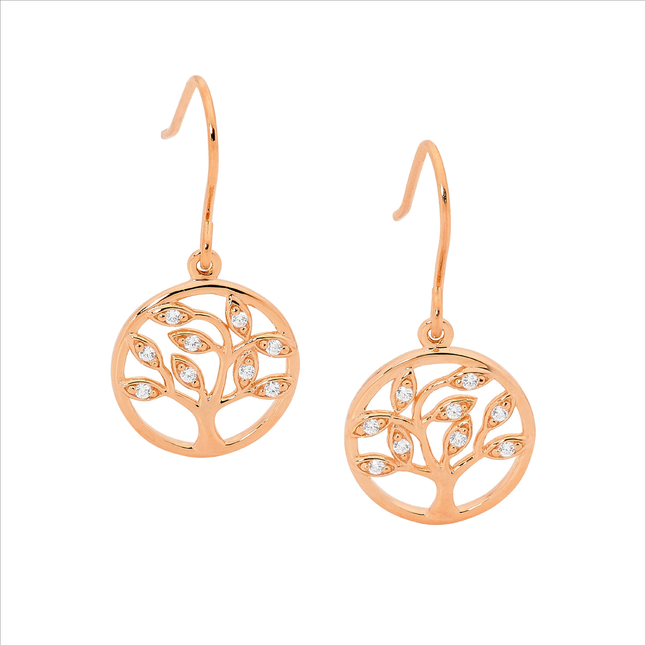 Ellani Sterling Silver Rose Gold Plated White Cubic Zirconia Tree Of Life Sheppard Hook Earrings