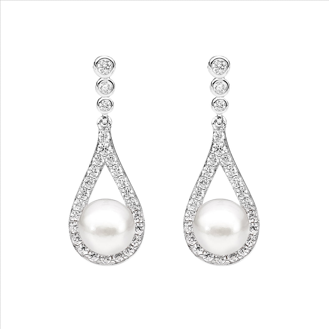 Ellani Sterling Silver White Cubic Zirconia & Pearl Drop Stud Earrings