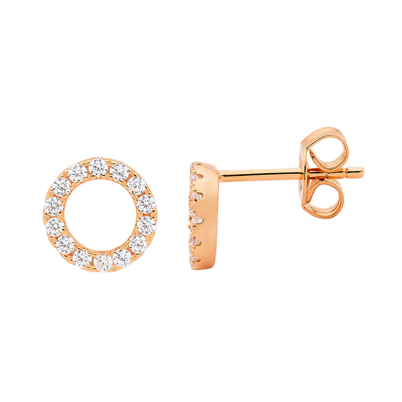 Ellani Sterling SIlver Rose Gold Plated White Cubic Zirconia Circle Shaped Stud Earrings