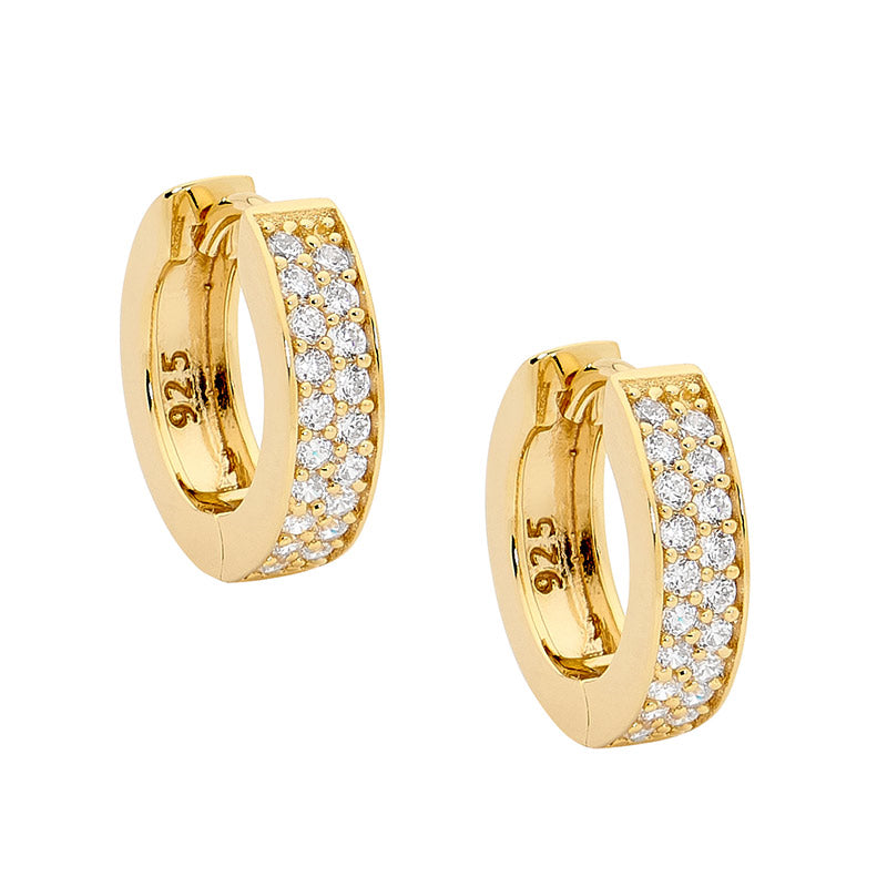 Ellani Sterling Silver Yellow Gold Plated White Cubic Zirconia Double Row Huggie Earrings