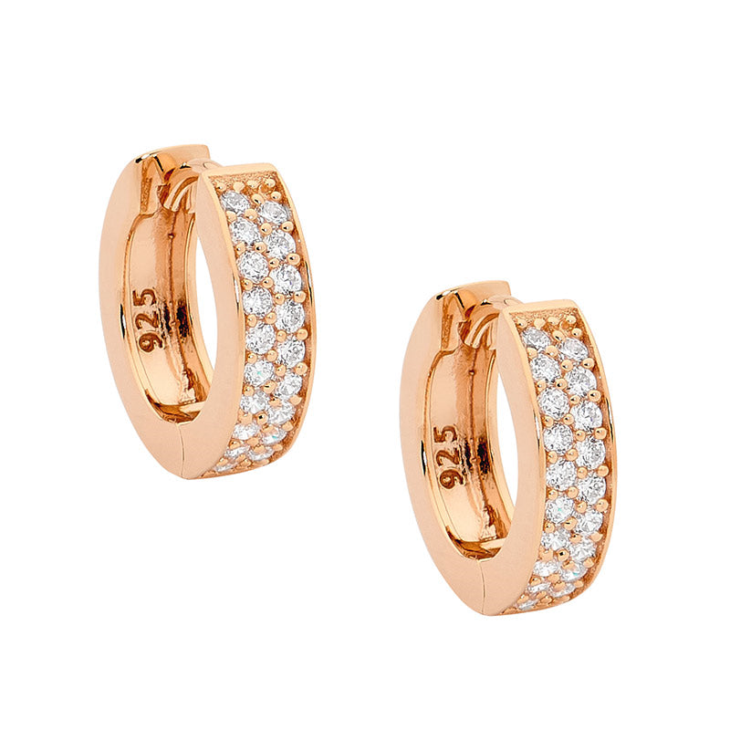 Ellani Sterling Silver Rose Gold Plated White Cubic Zirconia Double Row Huggie Earrings