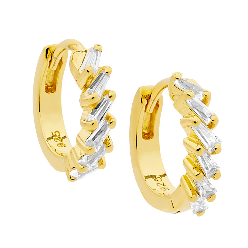 Ellani Sterling Silver Yellow Gold Plated Tapered Baguette White Cubic Zirconia Huggie Earrings