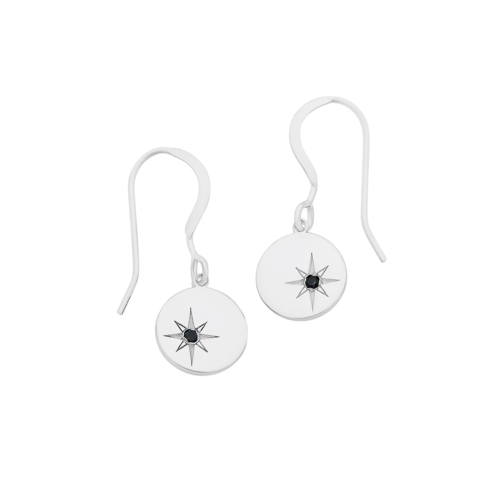 Sterling Silver Black Diamond Star Disc Shepherd Hook Earrings