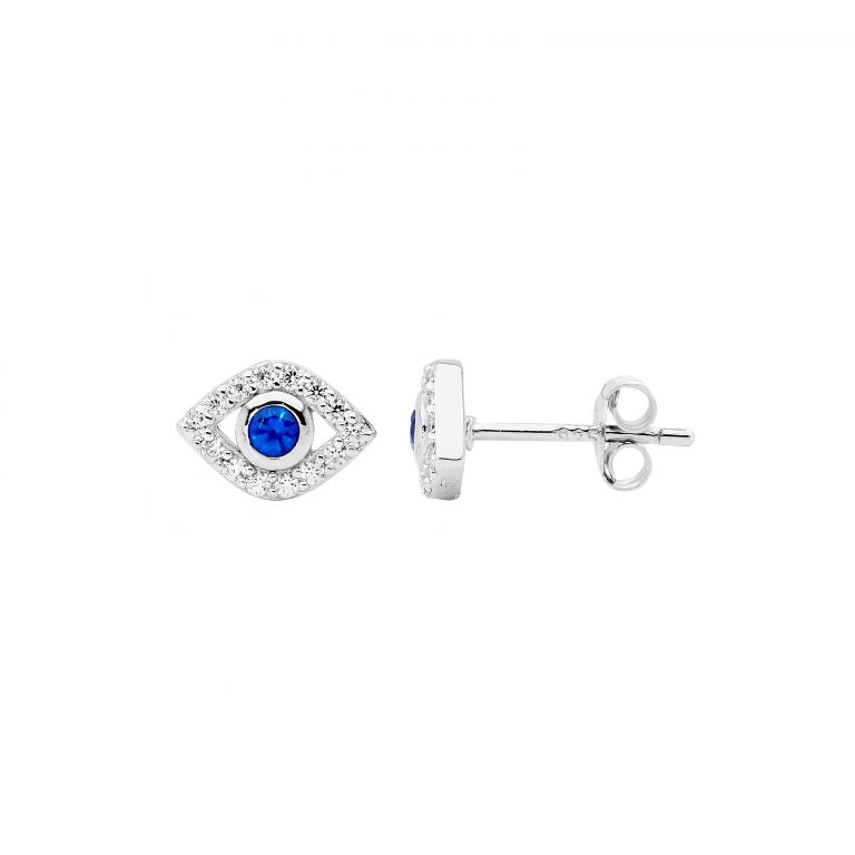 Ellani Sterling Silver Blue & White Cubic Zirconia Evil Eye Stud Earrings