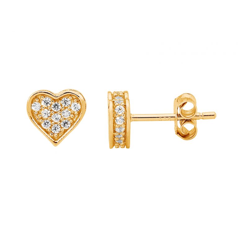 Ellani Sterling Silver Yellow Gold Plated White Cubic Zirconia Heart Stud Earrings