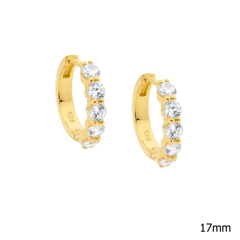 Ellani Sterling Silver Yellow Gold Plated White Cubic Zirconia Huggie Earrings