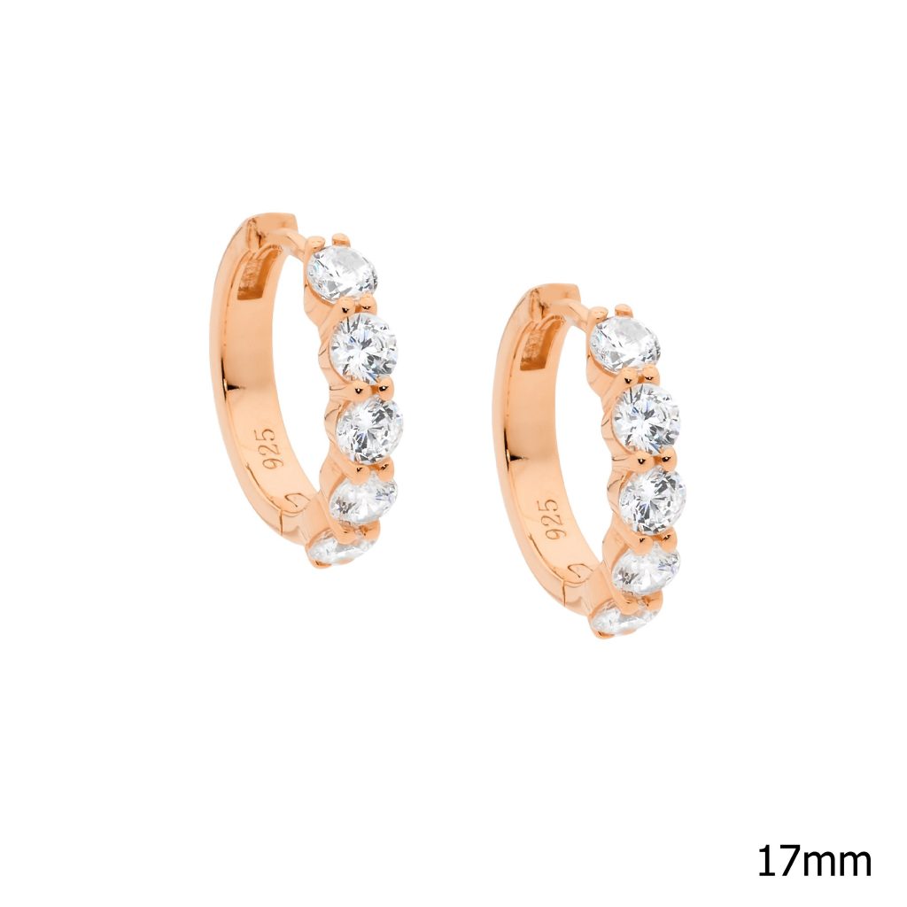 Ellani Sterling Silver Rose Gold Plated White Cubic Zirconia Huggie Earrings