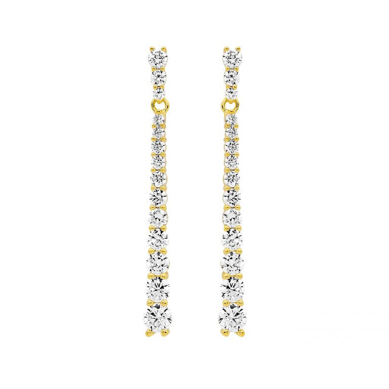 Ellani Sterling Silver Yellow Gold Plated White Cubic Zirconia Drop Stud Earrings