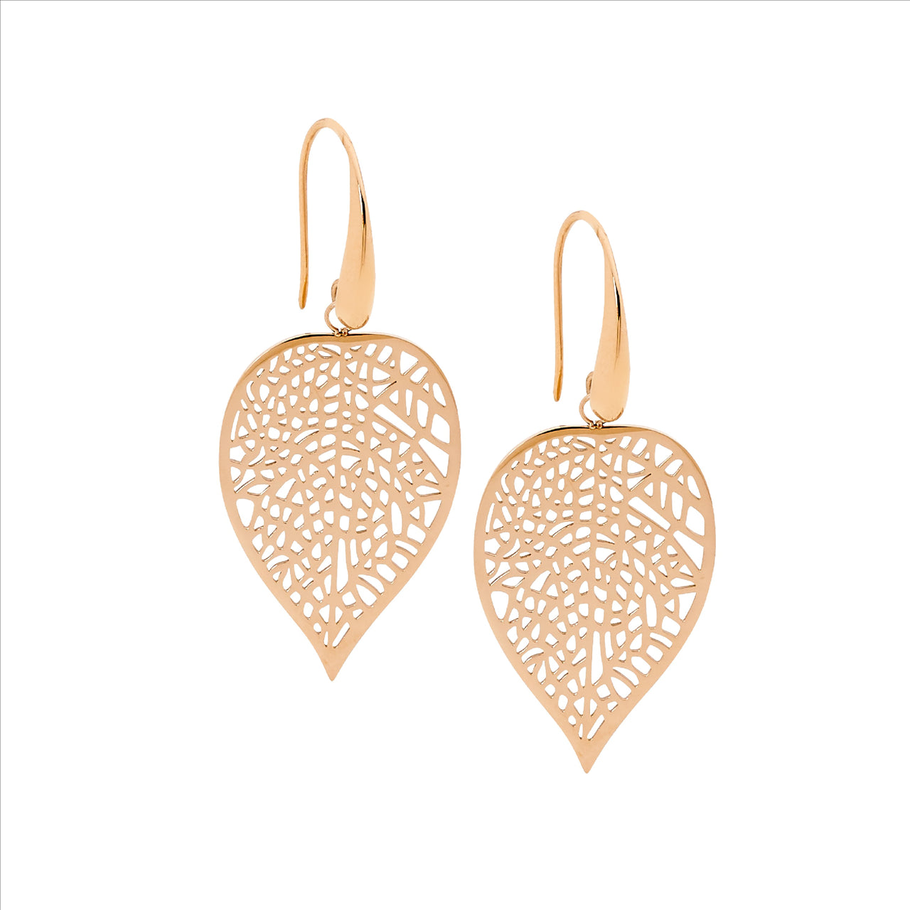 Ellani Stainless Steel Rose Gold Plated Leaf Sheppard Hook Earrings
