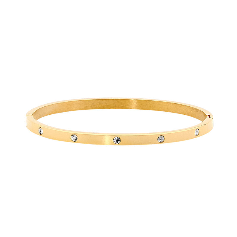Stainless Steel Gold IP Plated Hinged 4mm Wide Bangle With White Cubic Zirconia