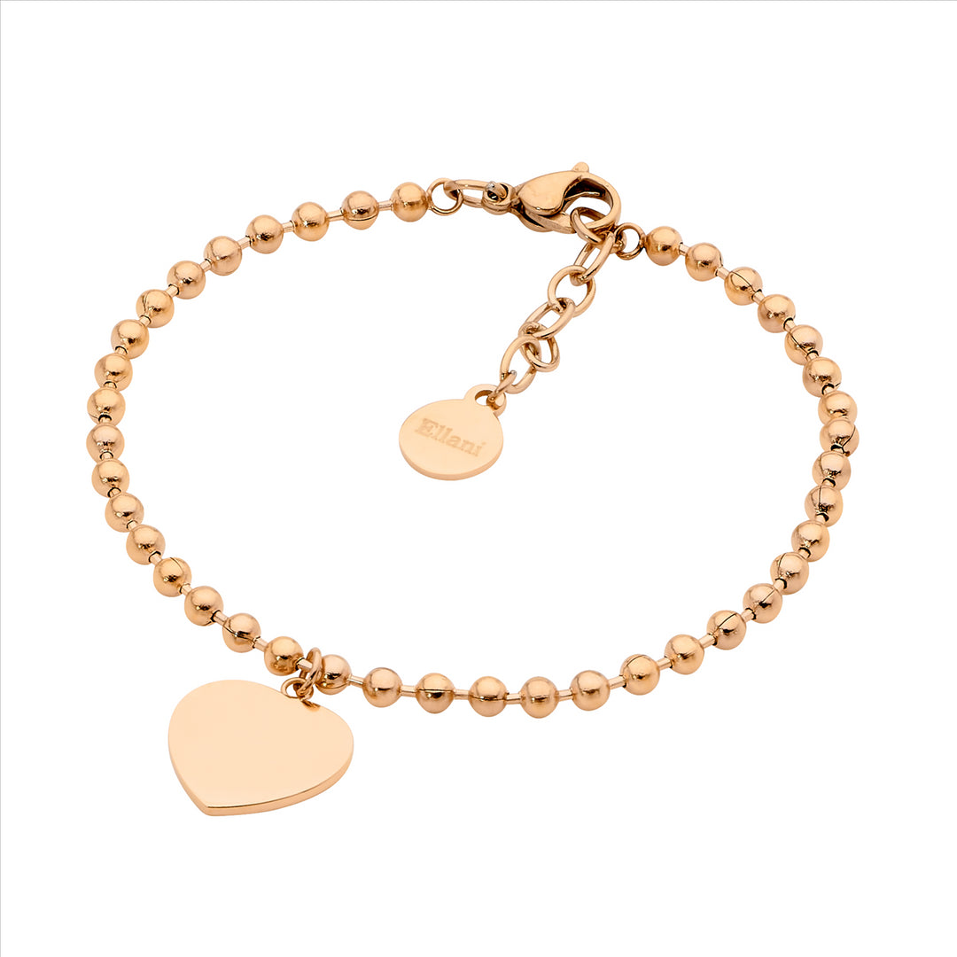 Stainless Steel Rose Gold Plated Heart Charm On Beaded Bracelet